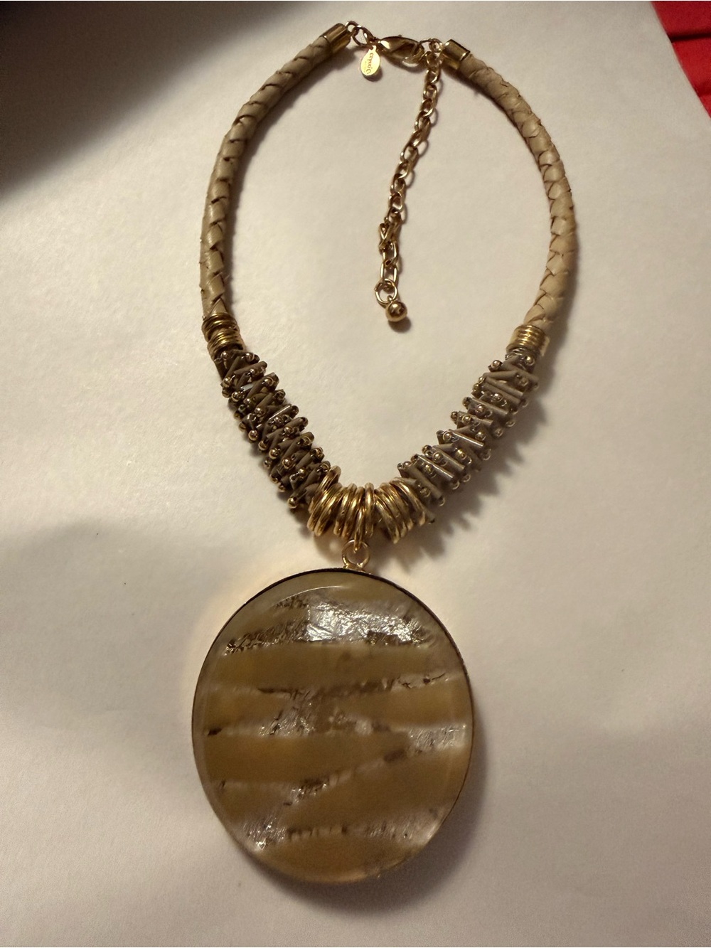Chico’s Oversized Shell Look Disc Pendant Braided Cord Statement Necklace